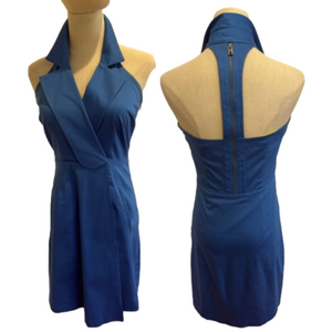 Y2K CONTEMPORARY BLUE HALTER MINI DRESS W UNIQUE HALTER & ZIPPED BACK EUC 2